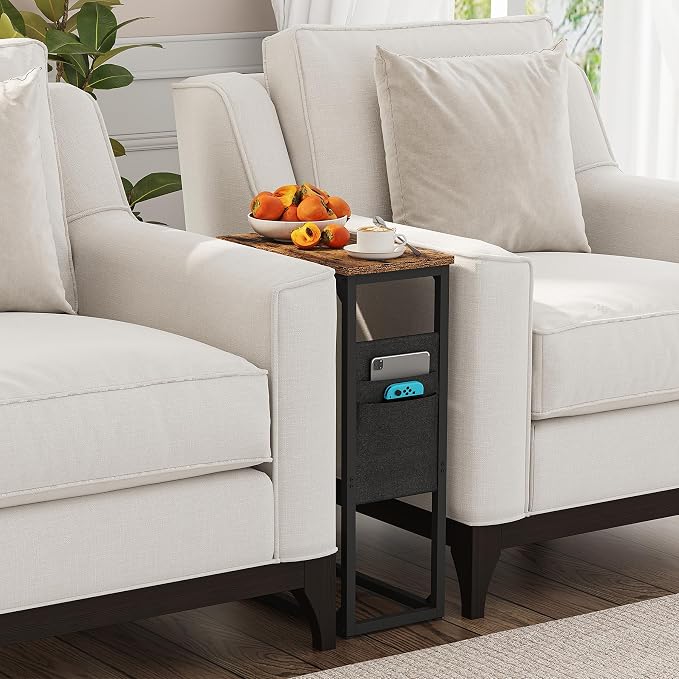 TUTOTAK C Shaped End Table, Side Table for Couch, Sofa Table | with Storage Bag, TV Tray for Living Room, Bedroom, Brown TB01BB082