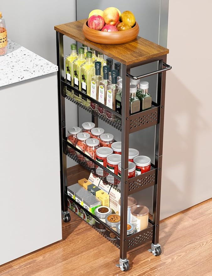 OKZEST 4-Tier Slim Rolling Storage Cart for Kitchen, Laundry Room, Bathroom | Upgraded metal hub casters, Narrow utility cart for small space/gaps, Premium wood top & metal mesh shelf, with handle & hook