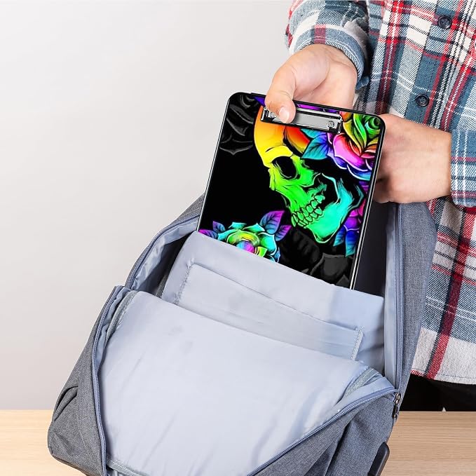 Plastic Storage Clipboard with Low Profile Clip, Heavy Duty Foldable Nursing Clipboard Case for Work, Teacher, Office School Supplies, Colorful Skull Rose Flower