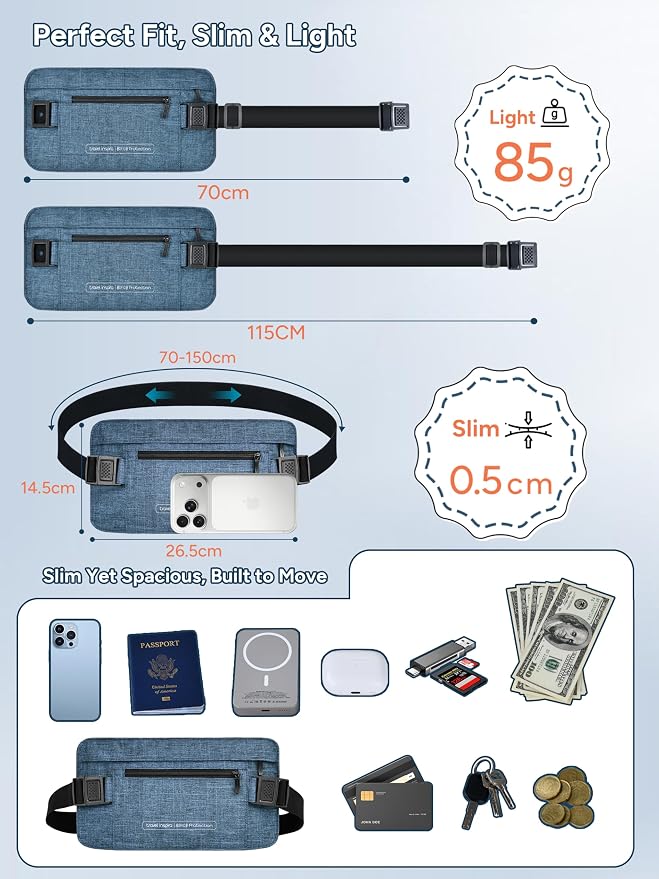 RFID Hidden Money Belt for Travel - Slim Anti Theft Pouch, Adjustable Strap | 2 RFID pockets for cash, ID, and passport, skin-friendly slim belt design moisture-wicking fit hidden under clothes