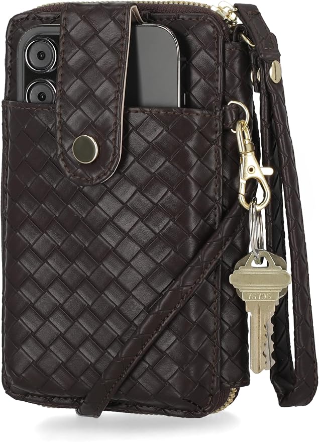 Mundi Jacqui RFID Crossbody Wallet for Women, Vegan Leather Small Travel Handbag with Phone Holder, Compact Organizer with Card Slots and Removable Strap, Vacation Purse in Espresso (Woven)
