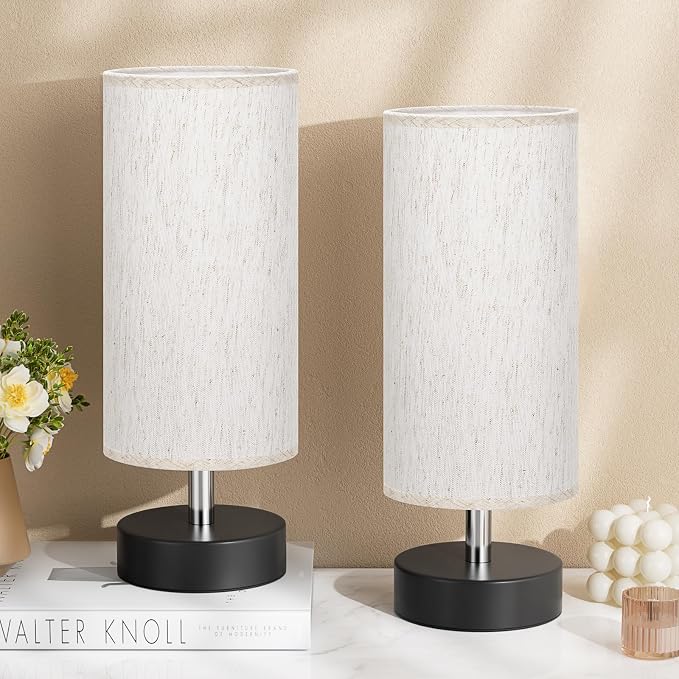 Table Lamps Set of 2(Cream Shade - Black Base, 11.6" Inline Control) | Bulb not Included | Small Lamps for Bedroom | Desk Lamp for Reading | for Living Room | for Dorm | Linen Shade
