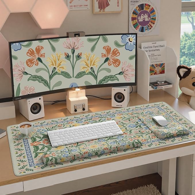 iCasso Mouse Pad with Wrist Rest, Large Desk Mat Set, Light Green | Ergonomic Keyboard Pad with Wrist Support, Non-Slip Mouse Mat for Women, Cute Floral Computer Mat for Home Office Gaming