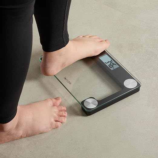 Taylor Digital Bathroom Scale for Body Weight, Large 9.7 x 6.7 Inch Clear Glass Platform, 400 lb Capacity, 2.4 Inch Display, Stainless Steel Accents, Includes Canvas Travel Bag