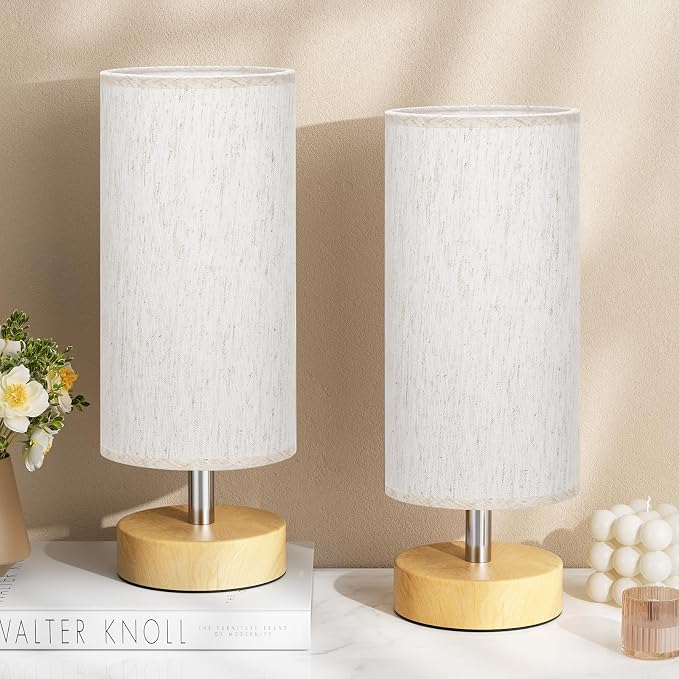 Table Lamps Set of 2 (Cream Shade - Wood Base, 11.6" Inline Control) | Bulb not Included | Small Lamps for Bedroom | Desk Lamp for Reading | for Living Room | for Dorm | Linen Shade