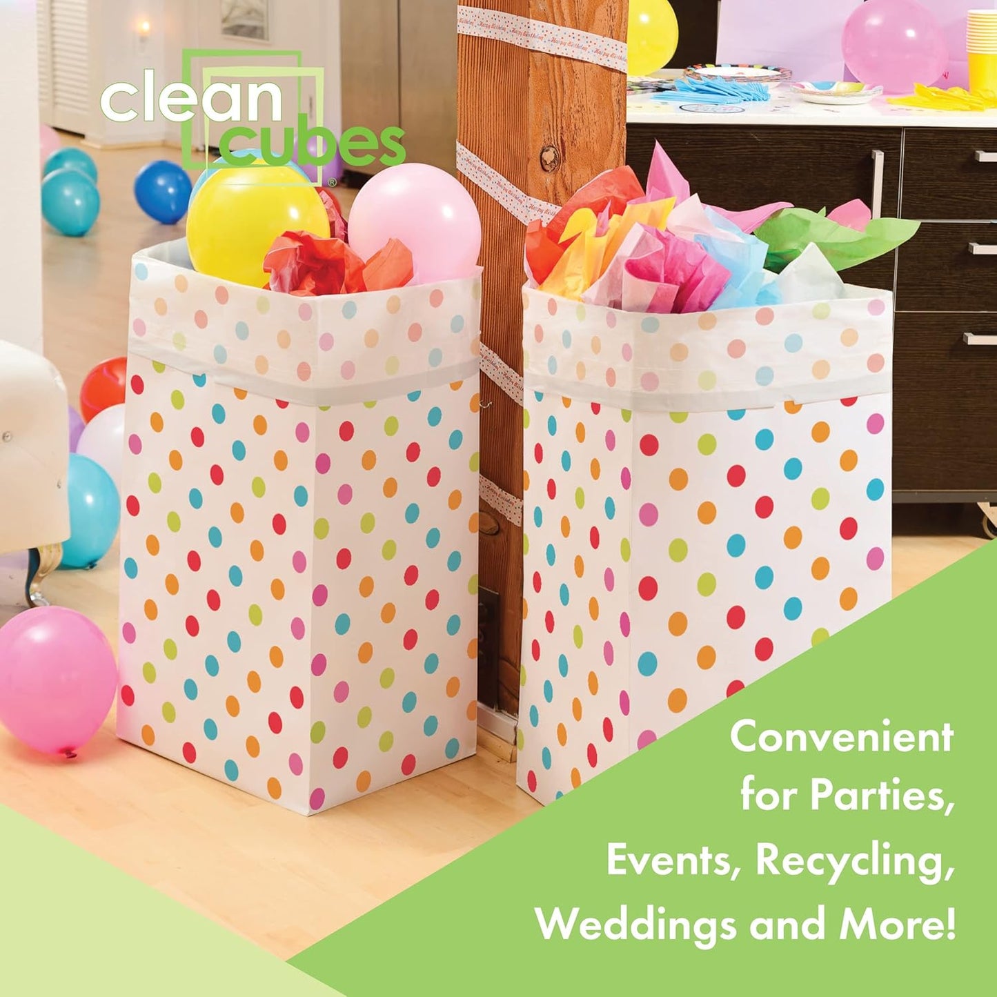 | 30 Gallon Disposable Trash Cans (3-Pack) with Fitted Trash Bags - Reusable Garbage and Recycling Bins for Parties, Events, and More (Polka Dot - 30” Height x 17” Width x 14” Depth)