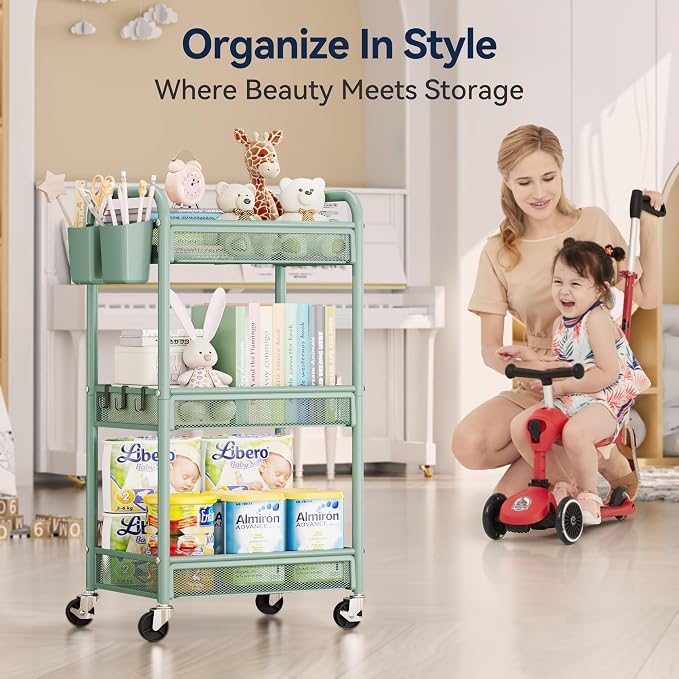 3 Tier Metal Rolling Cart, Green Utility Storage Cart with Wheels | Metal Mesh Craft Cart With Hooks & Hanging Cups, Ideal For Kitchen, Bathroom, Office, Dorm, Art Workspace, Bedside Storage