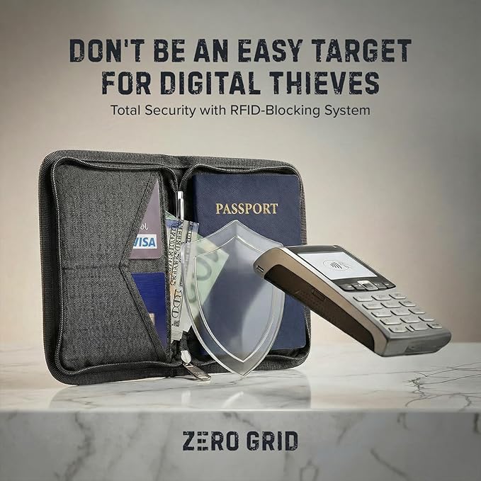 Zero Grid RFID Passport Holder for Passports & Cards, Zippered, Grey | Zippered Travel Wallet for Men & Women, Fits Passport, Cards, Cash, ID, Sim Card; Compact Travel Document Holder, Shadow Grey