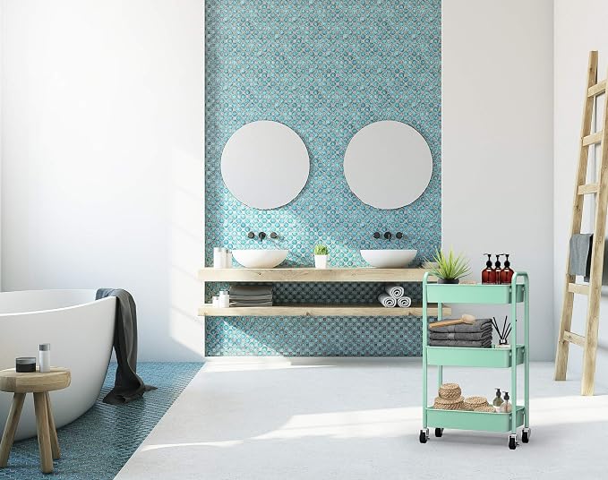 3-Tier Rolling Metal Storage Organizer - Mobile Utility Cart, Kitchen Cart with Caster Wheels (Aqua Green)