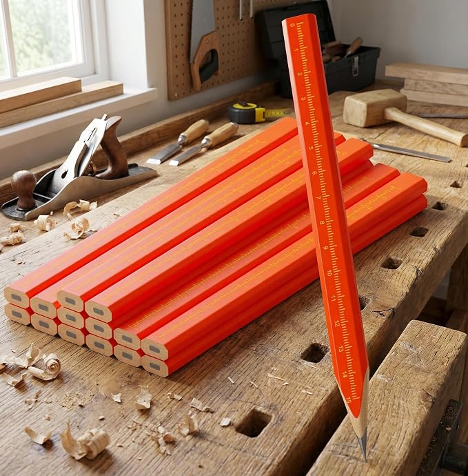 KR. LIF Carpenter Pencils with CM Scale – Framing Construction Pencil for Contractor & Woodworking 14-Pack (Red)
