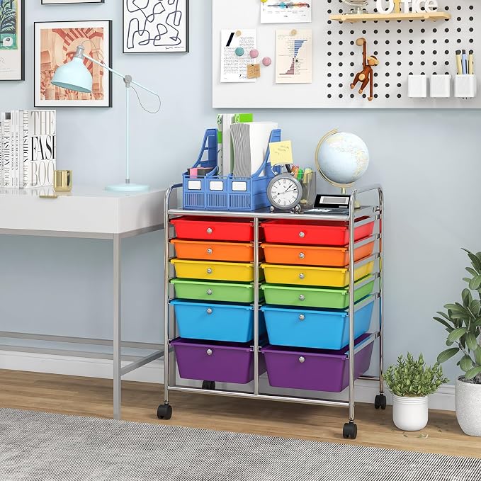COSTWAY 12-Drawer Rolling Storage Cart, Moveable Art Craft Organizer | Lockable Wheels, Metal Shelf, Files Arrangement Tools Makeup Storage Cart for Office, Home, School (Multi-Color)