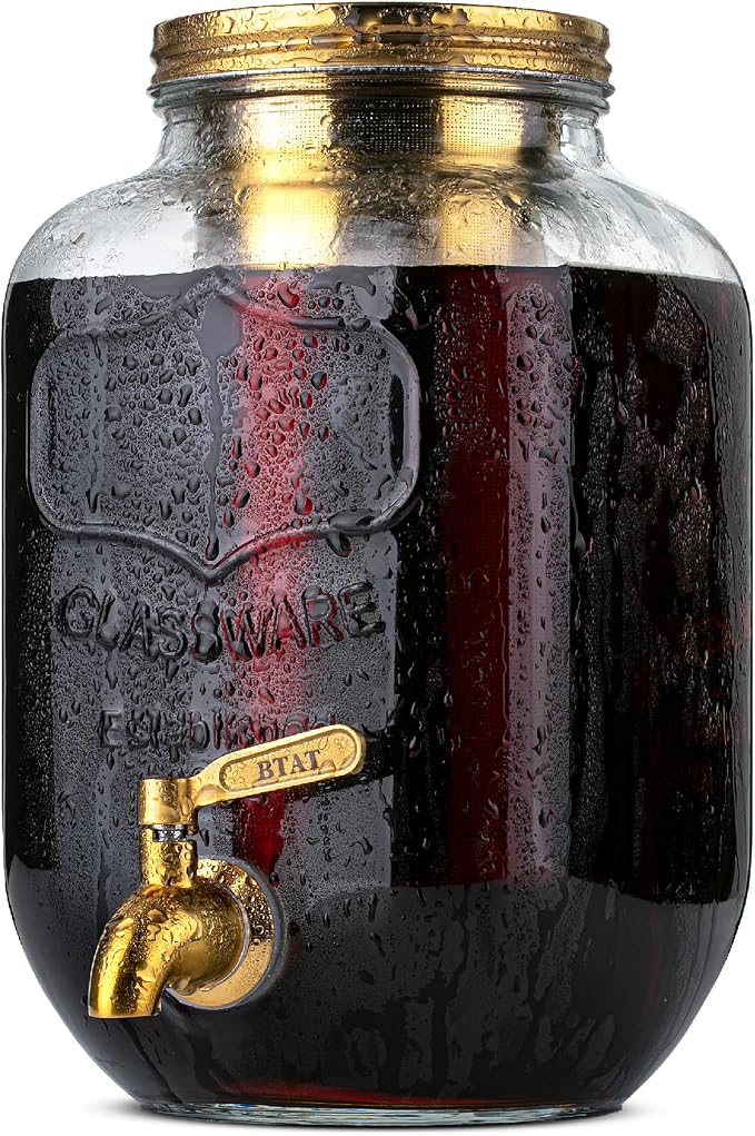 BTaT- 1 Gallon Cold Brew Coffee Maker, Thick Glass Pitcher with Stainless Steel Filter | Stainless Steel Filter, Lid & Spigot Iced Coffee Sun Tea Brewer Mason Jar Cold Brew Container Fast Iced Tea Maker for Fridge