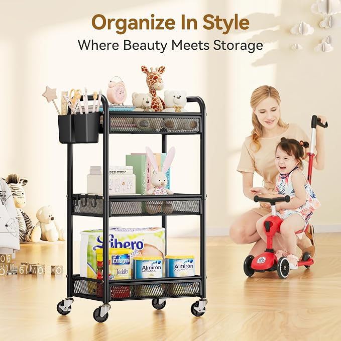 3 Tier Metal Rolling Cart, Black Utility Storage Cart with Wheels | Metal Mesh Craft Cart With Hooks & Hanging Cups, Ideal For Kitchen, Bathroom, Office, Dorm, Art Workspace, Bedside Storage