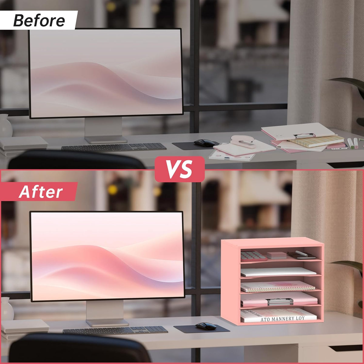 SUPEASY Wood Desk Organizer, 5 Tier Paper File Organizer for Desk, Wooden Desktop Organizer, Paper Letter Literature Mail Sorter, for Office School & Home Organization, Pink