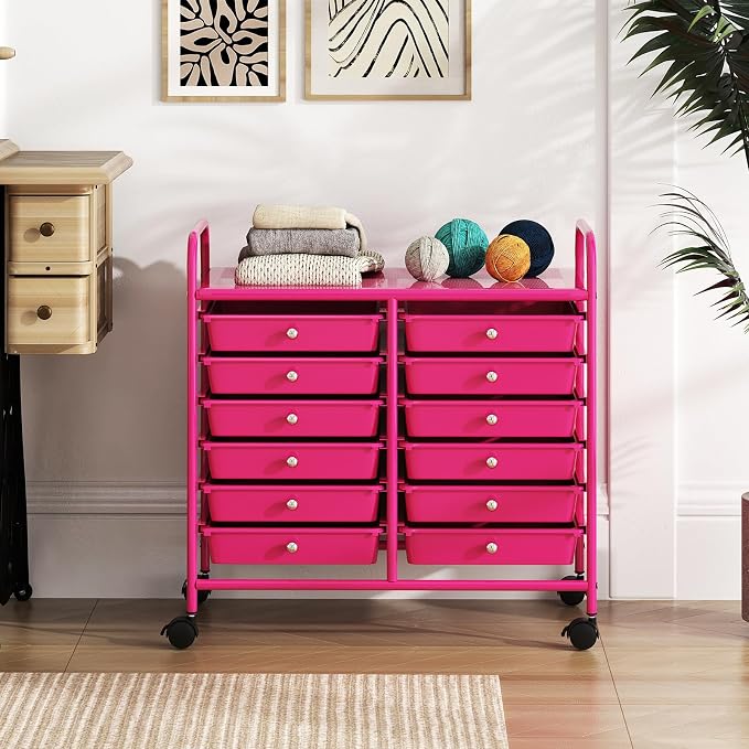 COSTWAY 12-Drawer Rolling Storage Cart, Utility Storage Organizer Cart | For Tools, Scrapbook, Paper, Craft, Multipurpose Art Supply Organizer on Wheels for Home Office School, Teacher, Hot Pink