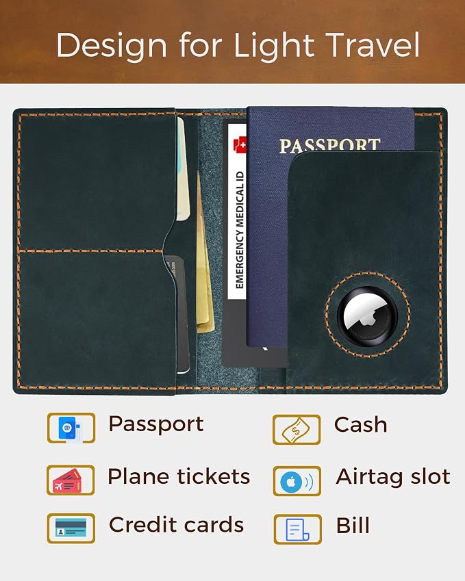Passport Holder for Travel, Genuine Leather Passport Wallet Cover Case with Airtag Slot, RFID Blocking, for Women Men, Travel Essentials Gift, Blue