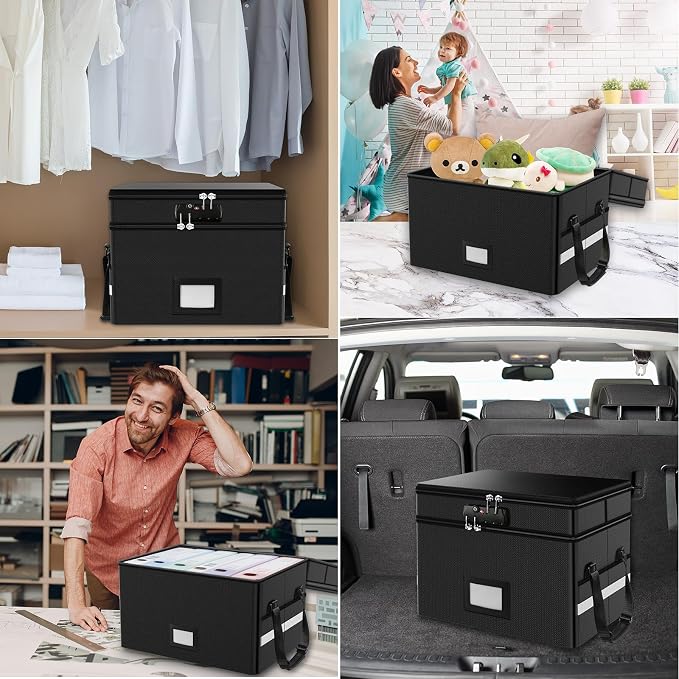 2 Layer Fireproof Document Box with Lock for Letter/Folder/Certificate | Fireproof to 2000°F, Waterproof, Large Capacity, Night Reflective Strip, Adjustable Handle, Foldable, Anti-static Material