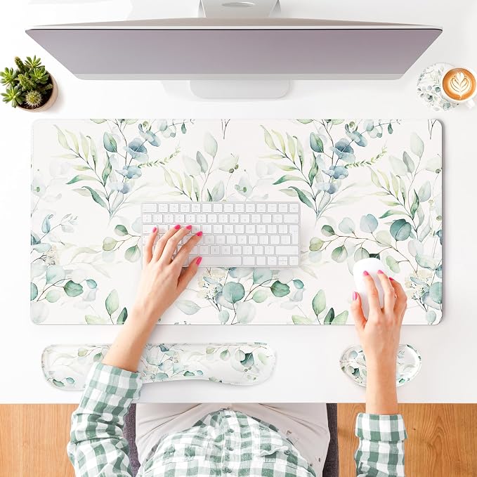 QIYI PU Leather Desk Mat Set, 4-in-1 Ergonomic Wrist Rest, Eucalyptus | Waterproof Large Mouse Pad 31.5×15.7 + Keyboard Wrist Rest + Mouse Wrist Support+Coaster, Non-Slip Office Gaming Accessories