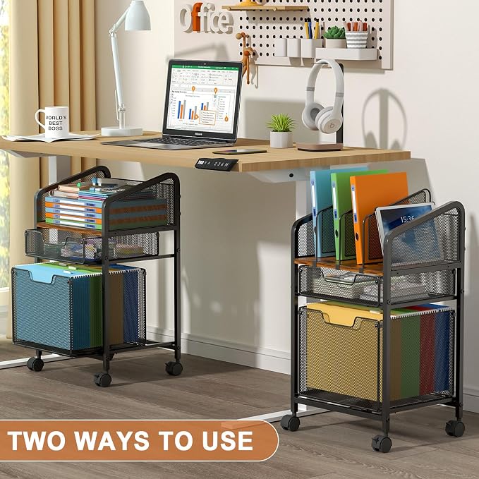 Tiaoheka Rolling File Cabinet with Adjustable Dividers, Mobile Filing Cabinet with 2 Storage Drawers on Lockable Wheels, Hanging File Organizer Beside Under Desk for Office, Home(Patent Pending)