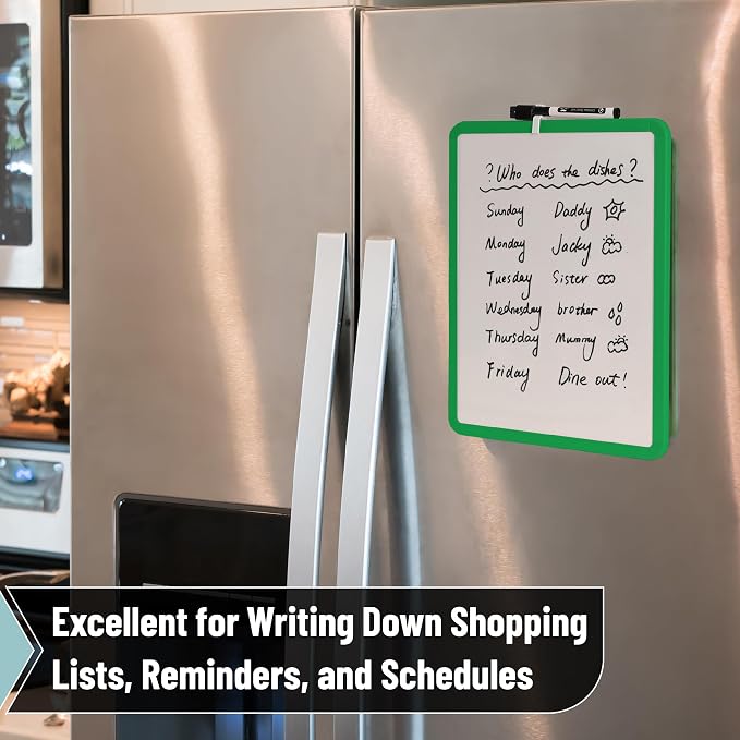 Mr. Pen- Dry Erase Board, 14” x 11” with a Black Dry Erase Marker | Green Frame, Small Mini White Board for Students, Fridge, Wall, Locker, Includes Double Sided Tapes
