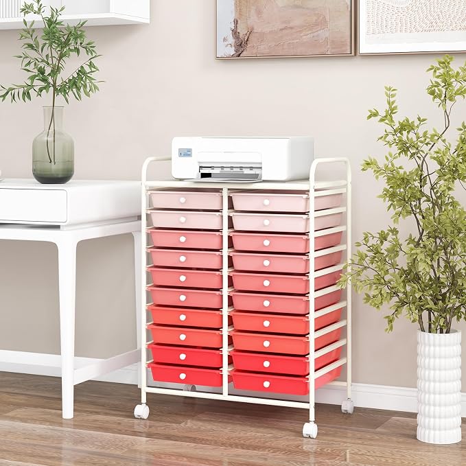 COSTWAY 20-Drawer Rolling Storage Cart, Utility Storage Organizer Cart | For Tools, Scrapbook, Paper, Craft, Multipurpose Storage Trolley on Wheels for Home Office School (Mixed Pink)