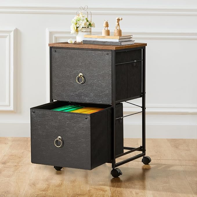 HOOBRO 2 Drawer Mobile File Cabinet, Rolling Printer Stand, Vertical Filing Cabinet, Office Drawers, Filing Cart for Home Office, A4/Letter Size, Nonwovens Drawer, Black and Rustic Brown BFK20WJ01