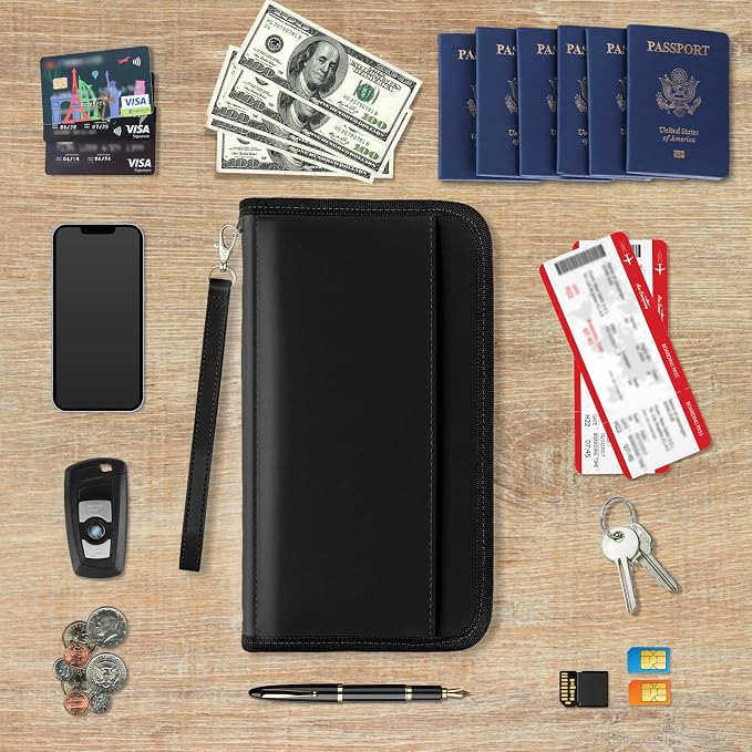 GOAUS Passport Holder for Travel with AirTag Slot, for Family of 4 to 6 | Multiple, Travel Document Organizer, Cards Cash Pockets, RFID Blocking, Waterproof, Gifts, Faux Leather, AirTag Not Included