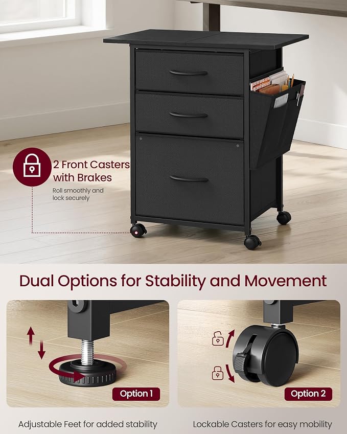 VASAGLE Mobile Printer Stand with Storage, Filing Cabinet, Side Pockets | Filing Cabinet for A4 Letter Size, 23.6 x 15.7 x 26.8 Inch, Ink Black, BELLAH Collection UOFC201BC01