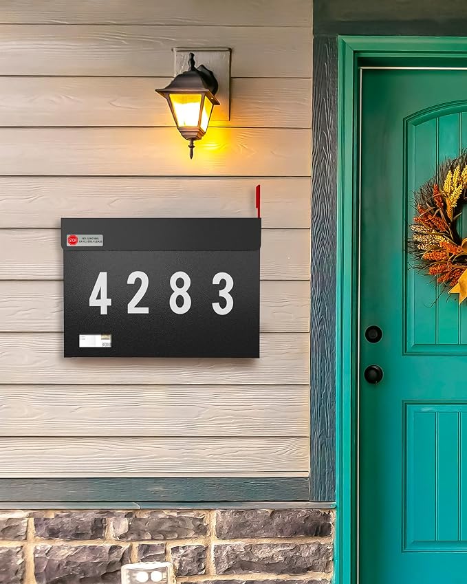 Modern Mailboxes for Outside, Metal Wall Mount Mailbox, with One Flag Kit and Three Sets of Mailbox Number Stickers, 3.9" D×14.2" W×10.2" H, Rust Resistant Coating Mail Boxes for House, Black AMB07B