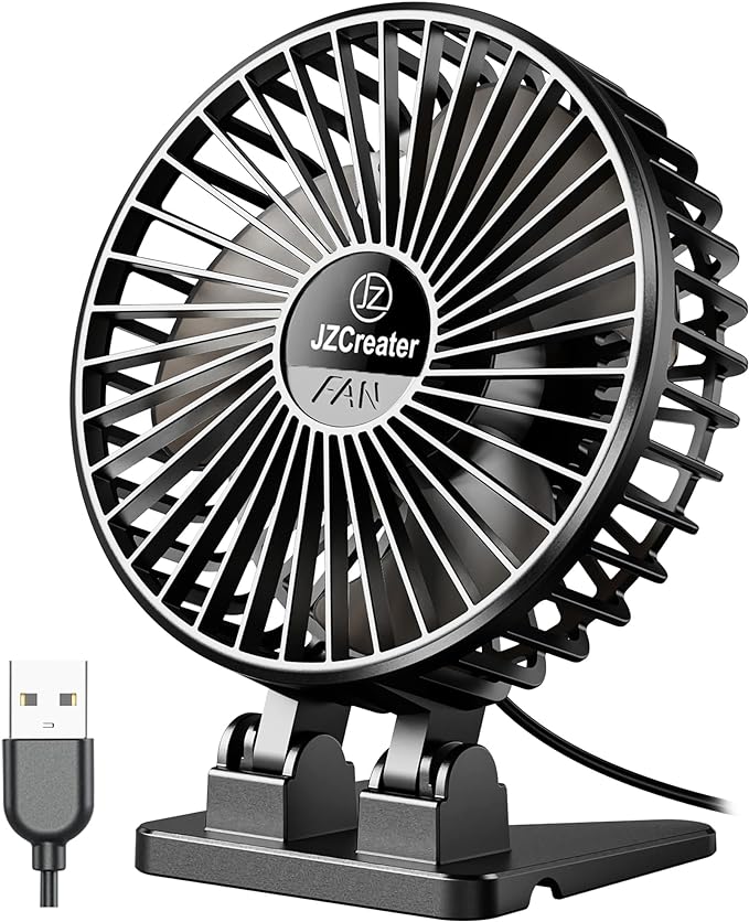 JZCreater USB Desk Fan, Mini Portable, 3 Speeds - Quiet Personal Cooling Fan for Home Desktop Office Travel Bedroom, Deep Black (2Pack)