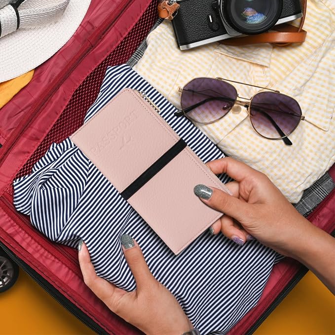 TIGARI Leather Passport Holder, RFID Blocking Wallet for Women, Zipper Pocket Card Slots, Waterproof Travel Accessories (Pink)