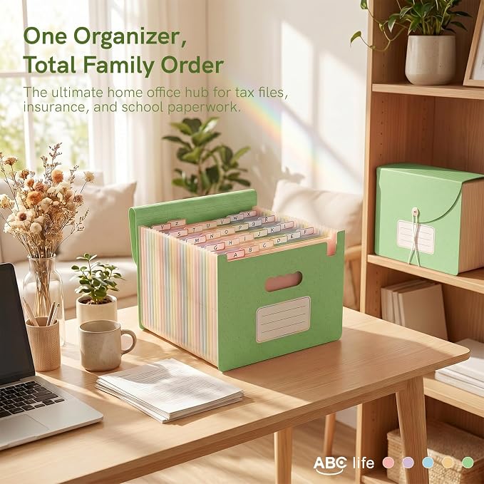 ABC life 26 Pockets Accordion File Organizer, Meadow Green | Expanding File Folder for Letter/A4 Size, Portable Document Holder with A-Z Tabs for Tax Receipt, School, Home, Office