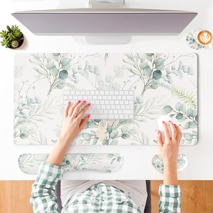 QIYI PU Leather Desk Mat Set, 4-in-1 Ergonomic Wrist Rest, Eucalyptus Leaf | Waterproof Large Mouse Pad 31.5×15.7 + Keyboard Wrist Rest + Mouse Wrist Support+Coaster, Non-Slip Office Gaming Accessories