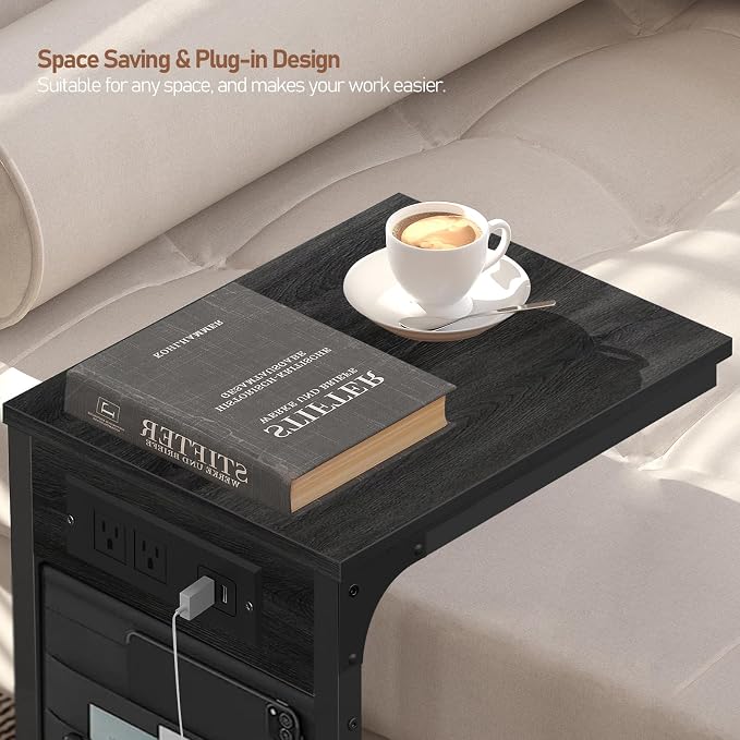 TUTOTAK C Shaped End Table with Charging Station, Side Table for Sofa | Couch Table with Storage Bag, TV Tray with 2 USB Ports and Outlets, Set of 2, Living Room and Bedroom, Grey TB01BY0242