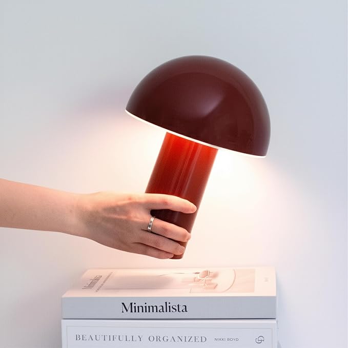 Brightech Celia Mood Lamp – 10" Touch-Controlled Mushroom Table Lamp, Cordless & Dimmable LED, Portable & Rechargeable Bedside Night Light, Sustainable Recycled Modern Patio Lamp for Home Décor – Red