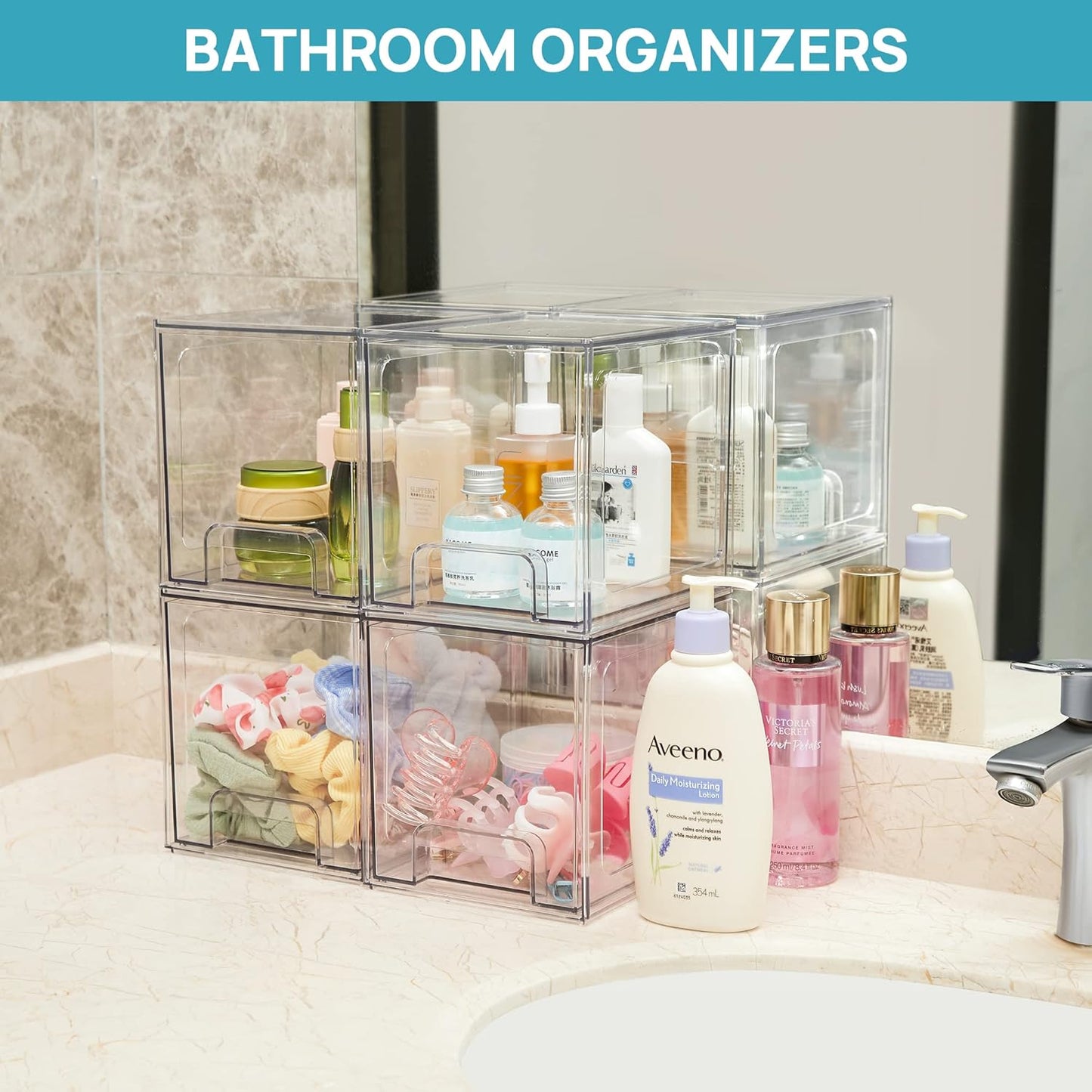 Vtopmart 8 Pack Stackable Under Sink Organizer Drawers, Clear Acrylic Storage Bins for Kitchen and Bathroom Cabinets, Baby Bottles, Cleaning Supplies, 6.6'' Tall Space-Saving Drawer System