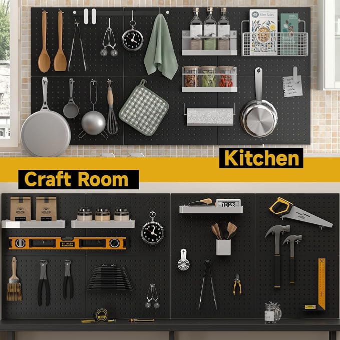 4 Pack Peg Board, 16" x 12" Wall Organizer, Metal Pegboard Panels with 70 Hooks for Walls, Garage, Craft Room, Black