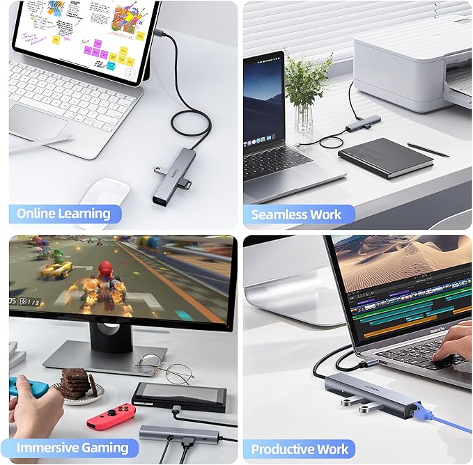 intpw USB C to USB A Hub 6 Ports with 4K HDMI Ethernet 100W PD Type C Hub USB 3.0 5Gbps Aluminum Adapter Multiport USB C Hub for Laptop, Mac, iPad, PC (1.97FT(6in1,HDMI 4K))