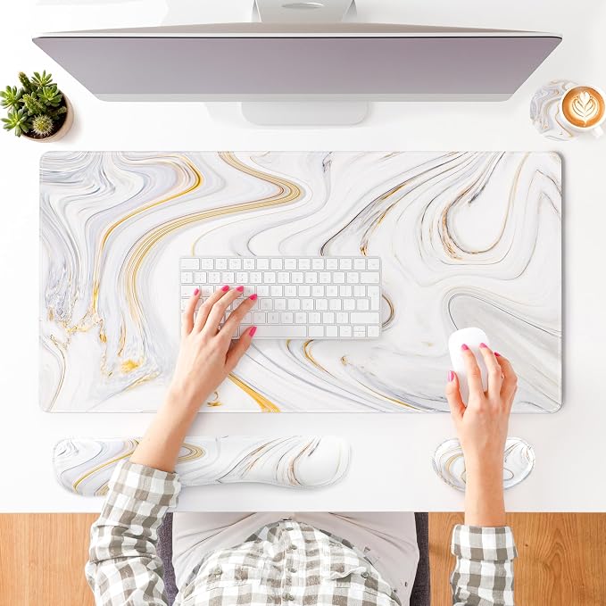 QIYI PU Leather Desk Mat Set, 4-in-1 Ergonomic Wrist Rest, Marble Stripes | Waterproof Large Mouse Pad 31.5×15.7 + Keyboard Wrist Rest + Mouse Wrist Support+Coaster, Non-Slip Office Gaming Accessories