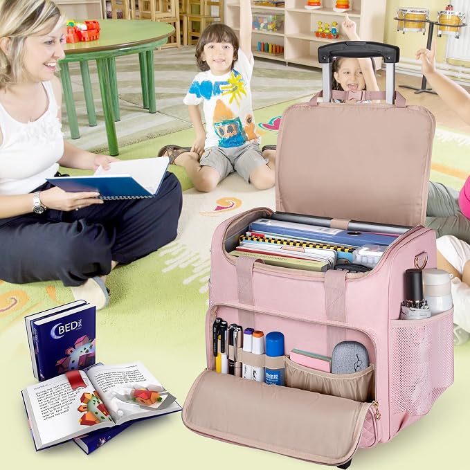 LUXJA Rolling Teacher Bag with Wheels and 15.6" Laptop Compartment, Pink | Rolling Briefcase for Women, Teacher Tote Bag for Office Work with Detachable Dolly and Shoulder Strap, Ample Storage Pockets