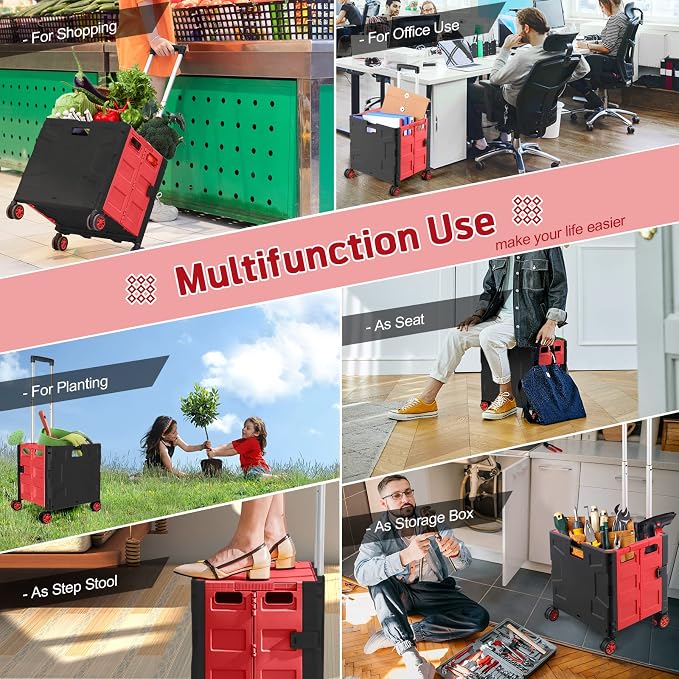FELICON Folding Utility Cart Rolling Crate Handcart Basket Tote-Red+Black | Collapsible Hidden Lid,Plastic Box,Telescoping Handle,4 Rotate Wheels for Travel Shop Move Grocery Laundry Office Teacher Use