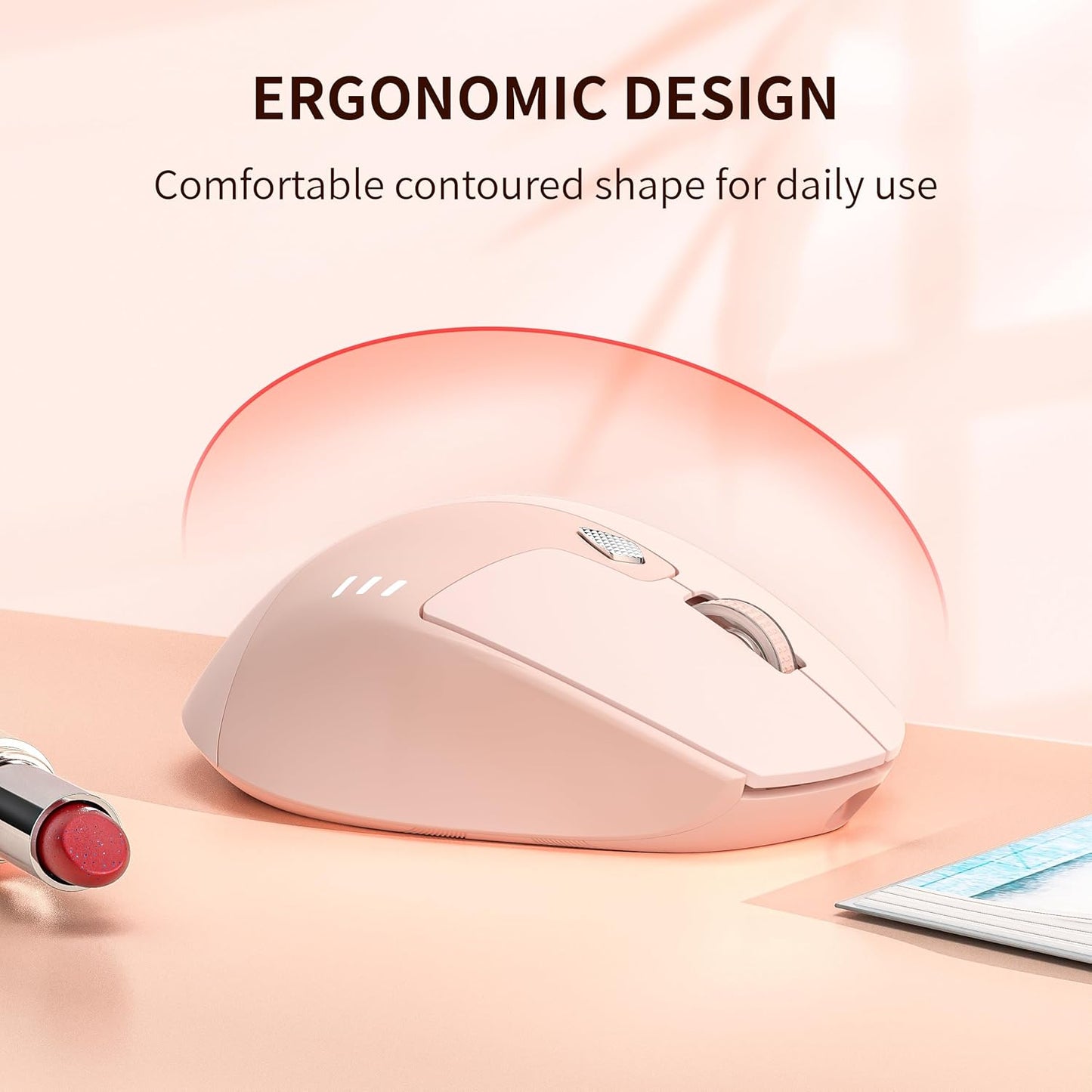 TENMOS M7 Bluetooth Mouse, Rechargeable Dual Mode BT5.1+ 2.4GHz USB Silent Wireless Bluetooth Mouse with Type C Adapter & Battery Indicator, Ergonomic Design for Laptop, iPad, MacBook - Light Pink