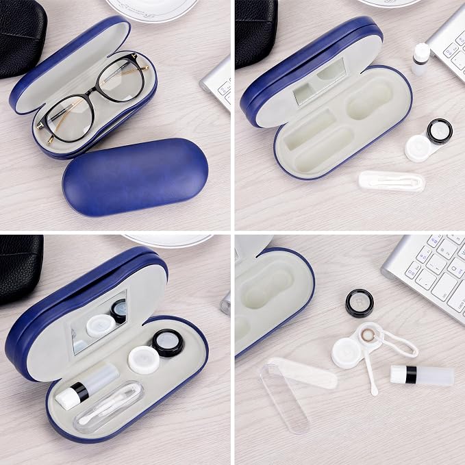 Muf 2 in 1 Contact Lens Case and Glasses Case, Double Sided Design with Mirror, Portable Travel Kit with Tweezer, Remover and Solution Bottle, Blue