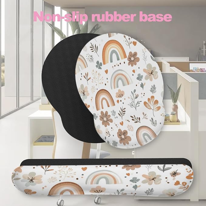 Cute Rainbow Flower Boho Keyboard Wrist Rest Pad Mouse Pad Set,Ergonomic Mousepad Wrist Support Memory Foam Desk Pad for Gaming Office,Non-Slip Rubber Base Easy Typing for Home Office Computers