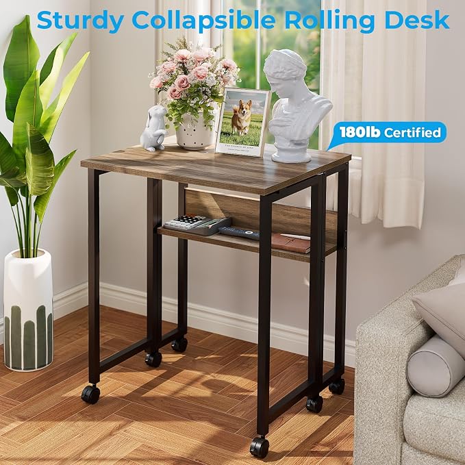 GreenForest Folding Desk with Wheels, 24.8" Rolling Table for Small Spaces | Storage Shelf, Lockable Casters, Compact Portable Workstation, Space-Saving Foldable Sofa Table, Home Office, Mobile, Grey