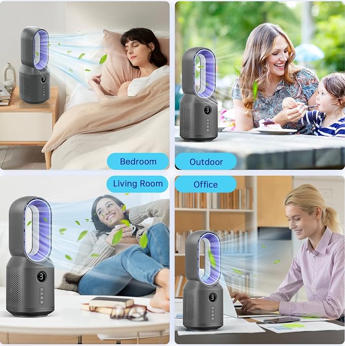 Desk Fan,13 Inch Portable Bladeless Fan, Small Quiet Office Fan with 106° Oscillating, 3 Speeds & Night light, LED Display,Button Control, Personal Battery Operated Table Fan for Bedroom, Office, Home