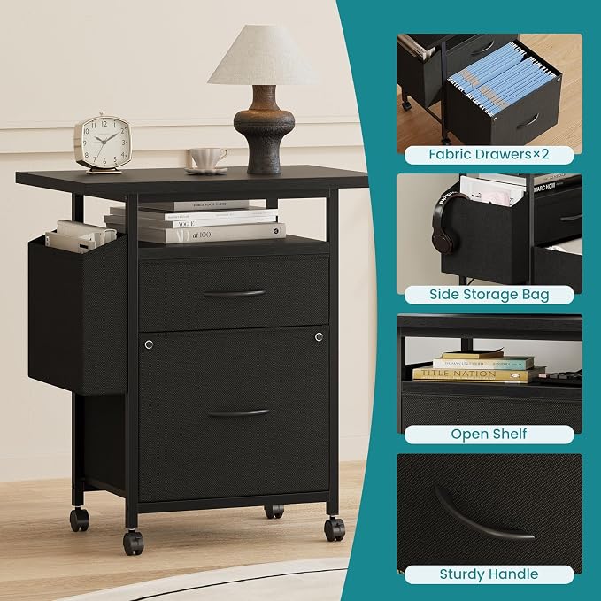 OLIXIS 2 Drawer File Cabinet with 24'' Wide Desktop, Rolling Printer Stand | Printer Cart with Lockable Wheels, Fabric Drawer Cabinet Under Desk with Storage Side Bag for Small Space, Home Office, Black