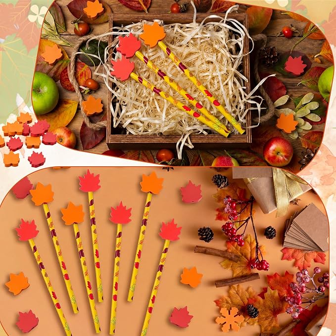 32 Pcs Maple Leaves Pencil with Eraser Autumn Party Favors Gifts Stationery Supplies for Classrooms Exchange Reward Prizes Home Office School Supplies(Red and Yellow)