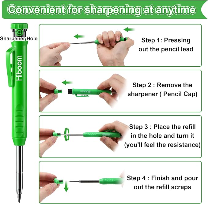Hiboom 3 Pack Carpenter Pencil with 24 Refills Built In Sharpener,Green | Concrete Wood Metal, Deep Marking, Multi-Color Refills, 2.8mm Lead, Construction Work, Waterproof, Carpenter Builder DIY