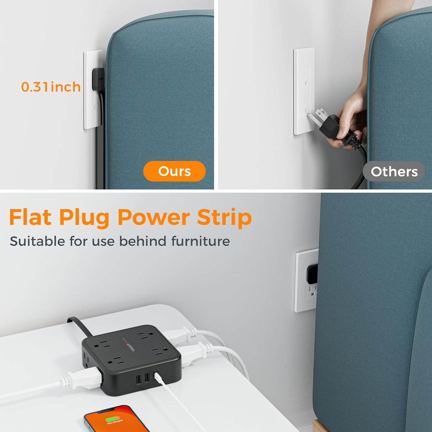 Surge Protector Flat Plug Power Strip, TESSAN Black Extension Cord, 8 AC Outlets, 3 USB Charger(1 USB C Port) 3 Side Outlet Extender, 5 Ft, 900 Joules Protection, Office Supplies, Dorm Essentials